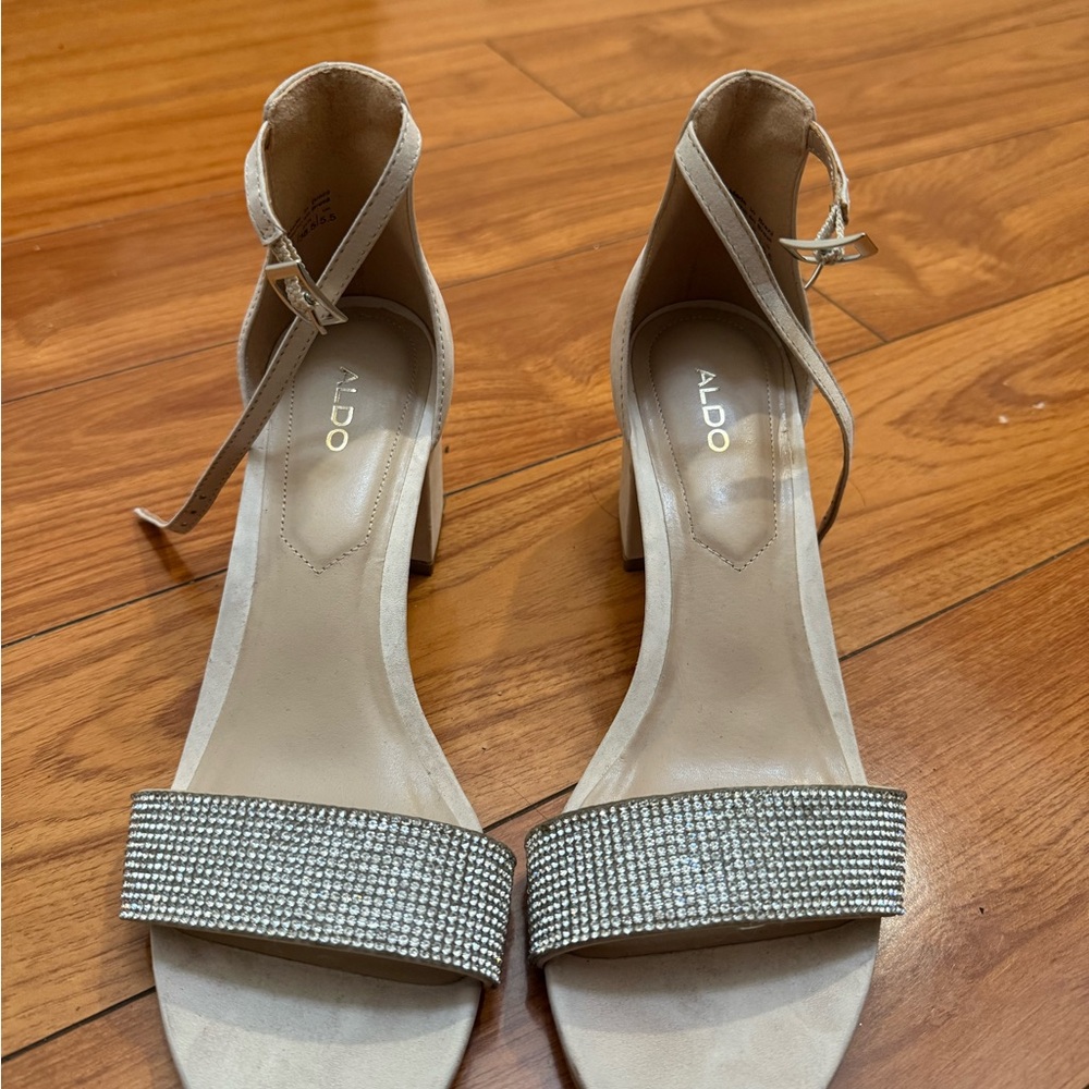 Aldo Cream and Silver Heels with Ankle Strap and Rhinestone Accents